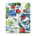 Strawberry Blue Chinoiserie Sherpa Fleece Blanket | Botanical Fruit Throw