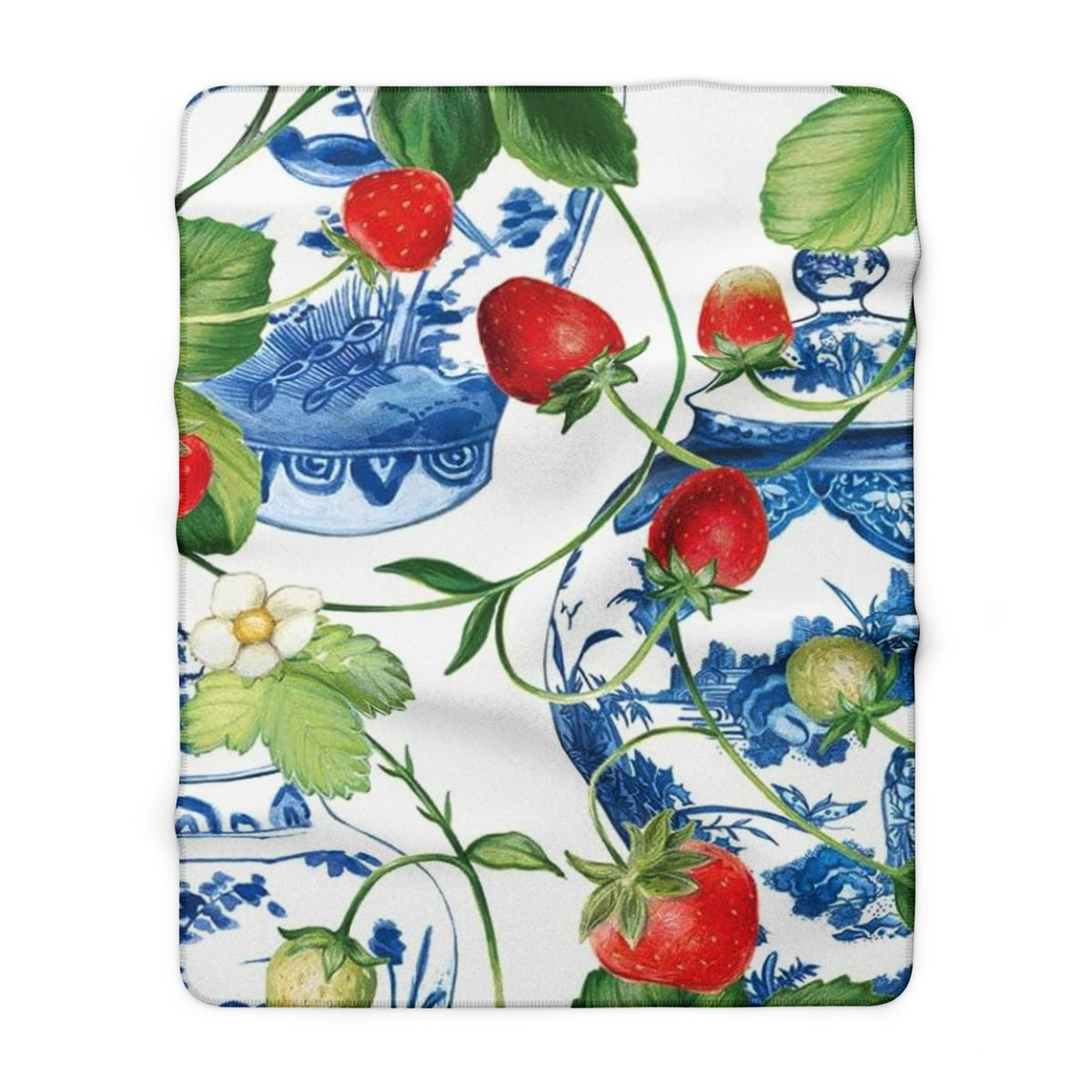 Strawberry Blue Chinoiserie Sherpa Fleece Blanket | Botanical Fruit Throw