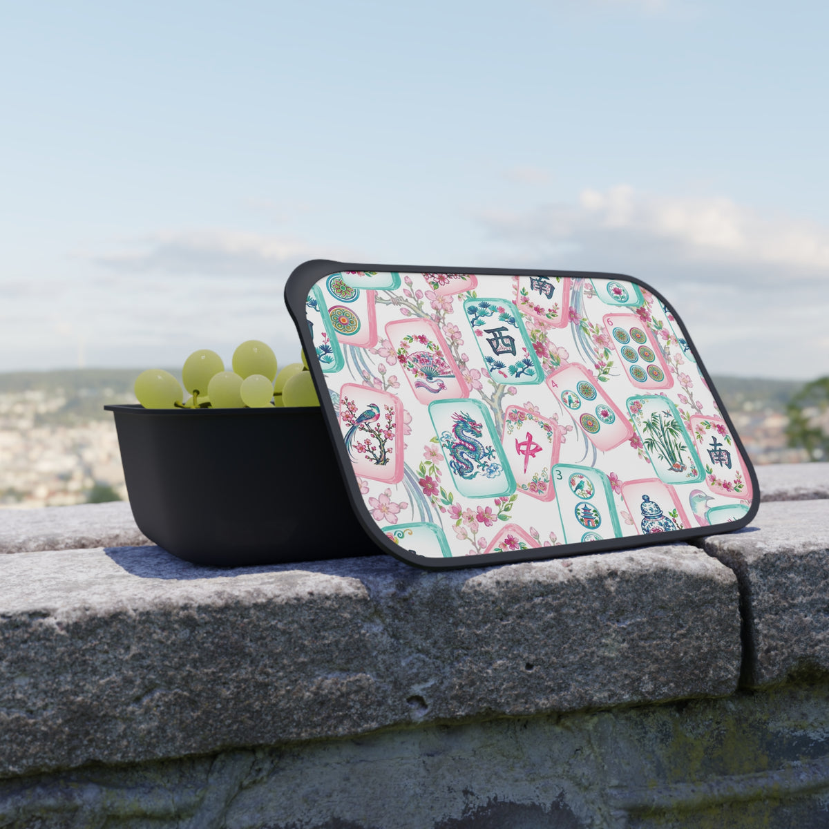 Mahjong Tile Pattern PLA Bento Box with Band and Utensils | Floral Mahjong Lunchbox