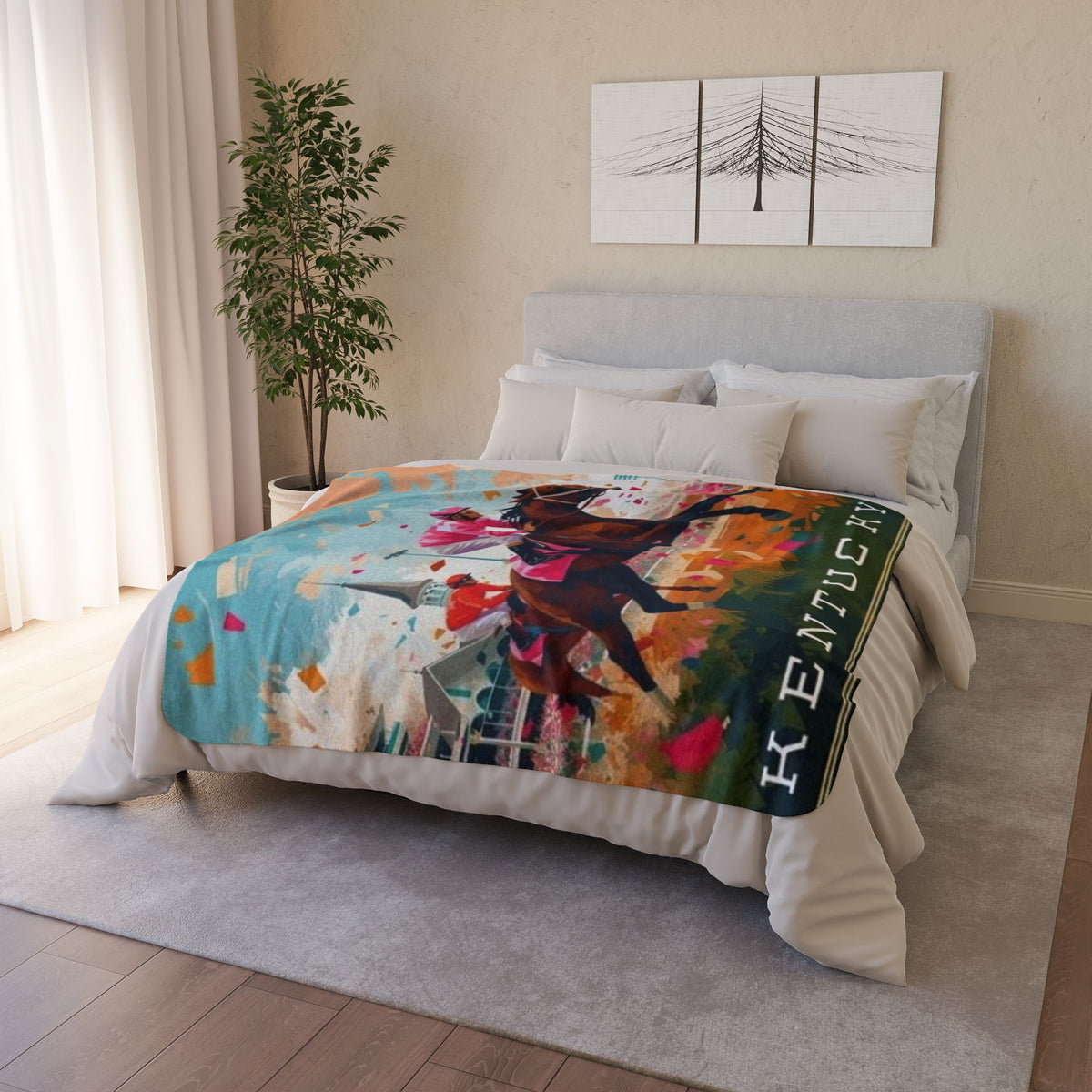 Kentucky Horse Racing Fleece Sherpa Blanket | Jockey Racetrack Design