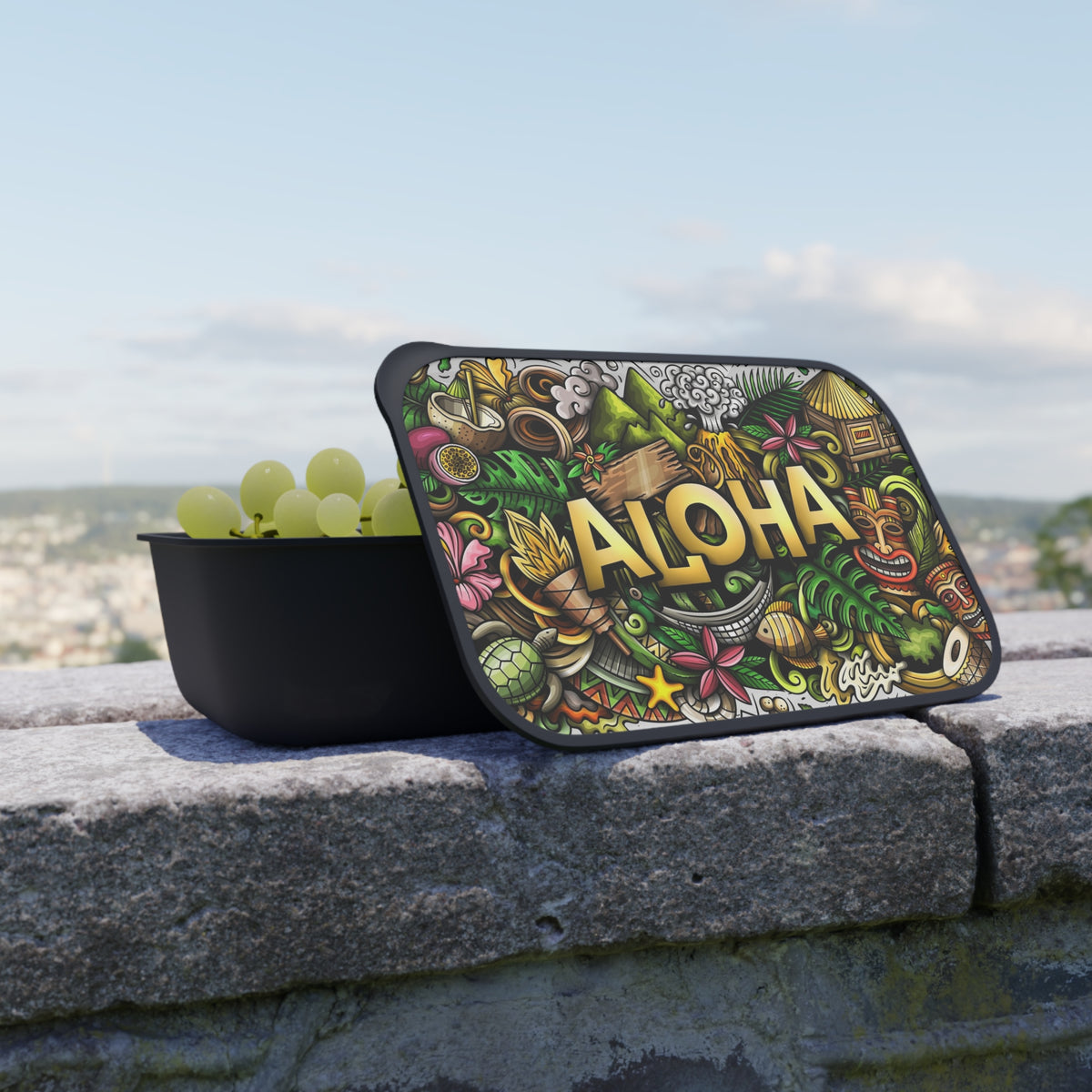 Aloha Tropical Doodle PLA Bento Box with Band and Utensils | Hawaii Lunch Container