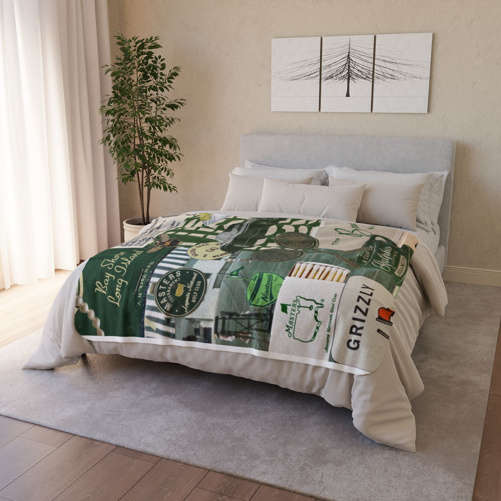 Vintage Green Collage Fleece Sherpa Blanket | Retro Car, Tennis, Travel Labels