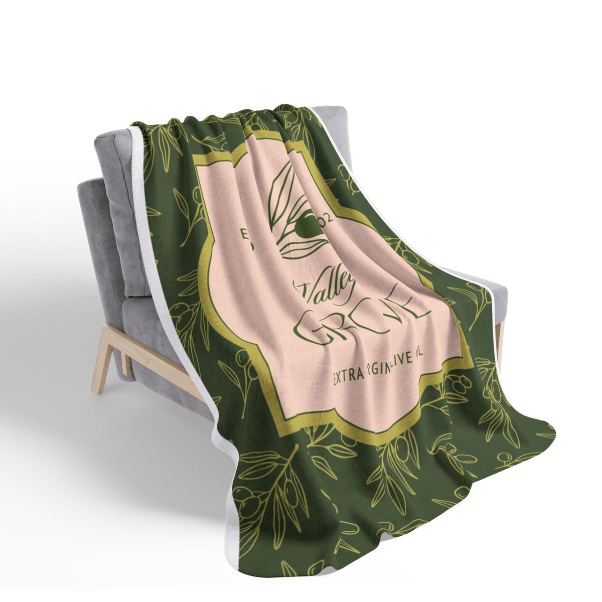 Olive Grove Label Fleece Sherpa Blanket | Botanical Olive Branch Design