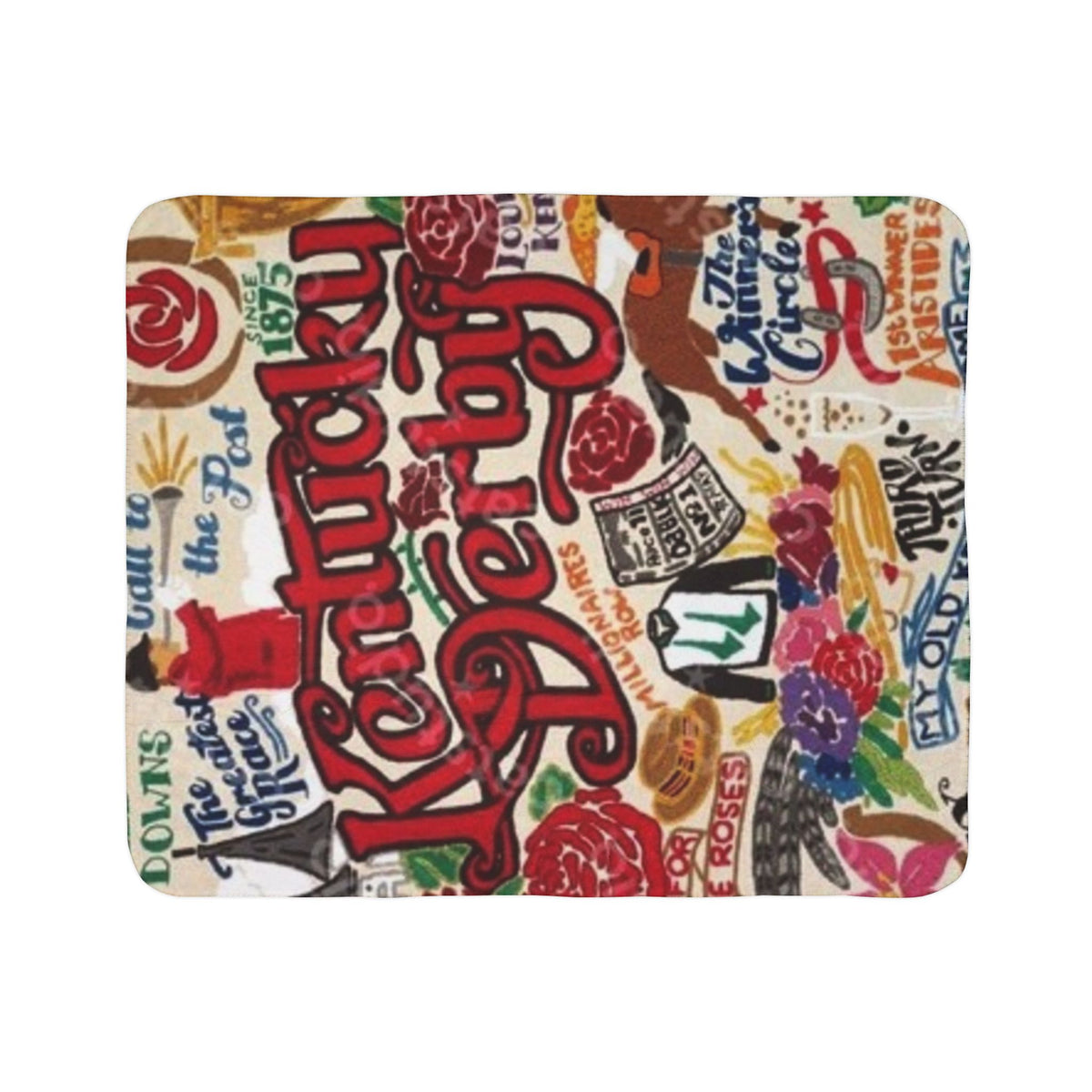 Kentucky Derby collage Fleece Sherpa Blanket | Rose, horseshoe, race day design