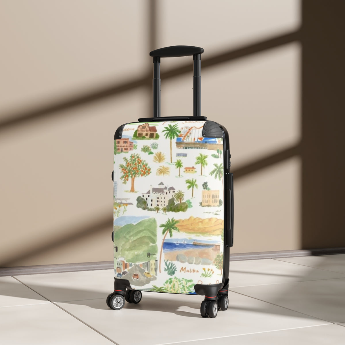 Malibu Watercolor Travel Suitcase – Coastal Map Pattern Carry-On