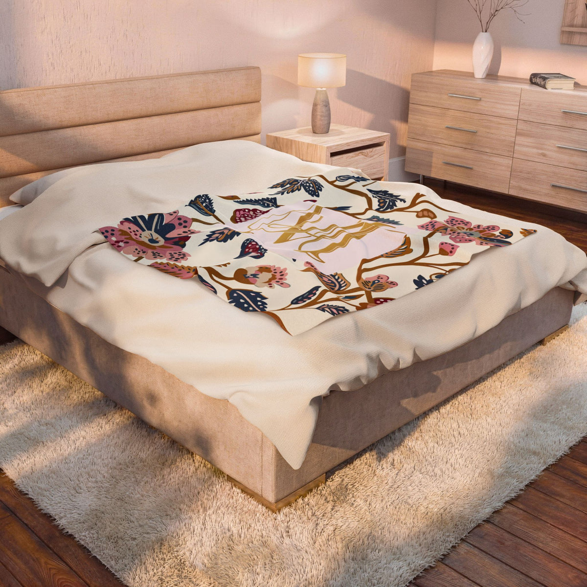 Monogram Floral Velveteen Blanket – Pink & Gold Initial Throw