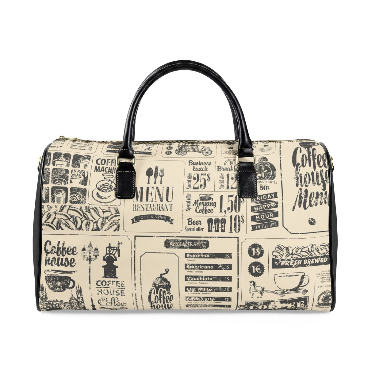 Vintage Coffee Menu Faux Leather Travel Bag | Espresso Cafe Print