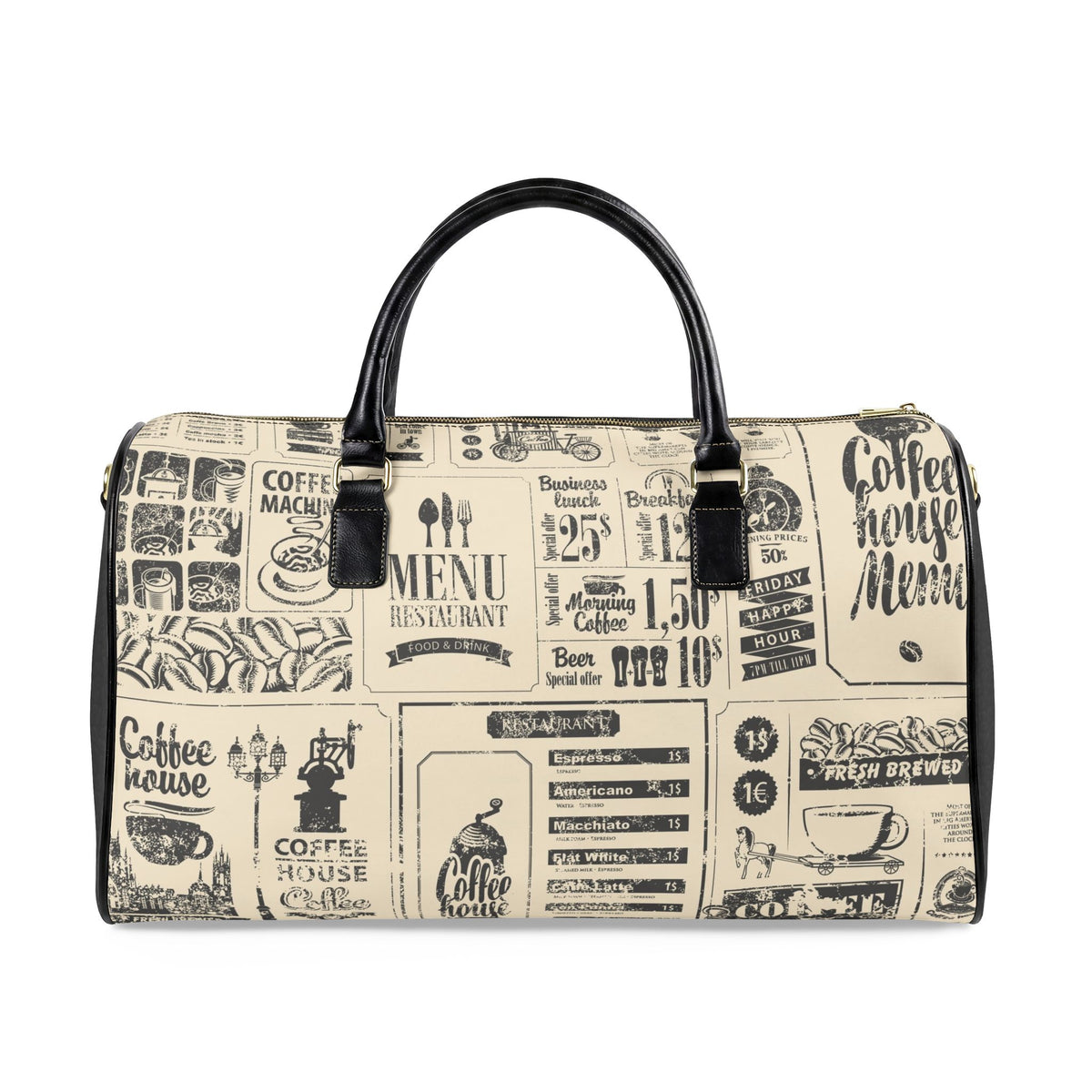 Vintage Coffee Menu Faux Leather Travel Bag | Espresso Cafe Print