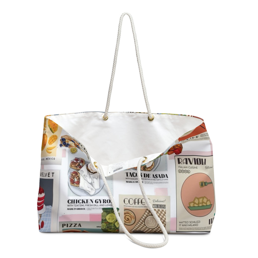 Foodie Collage Weekender Bag – Illustrated Global Cuisine Travel Tote