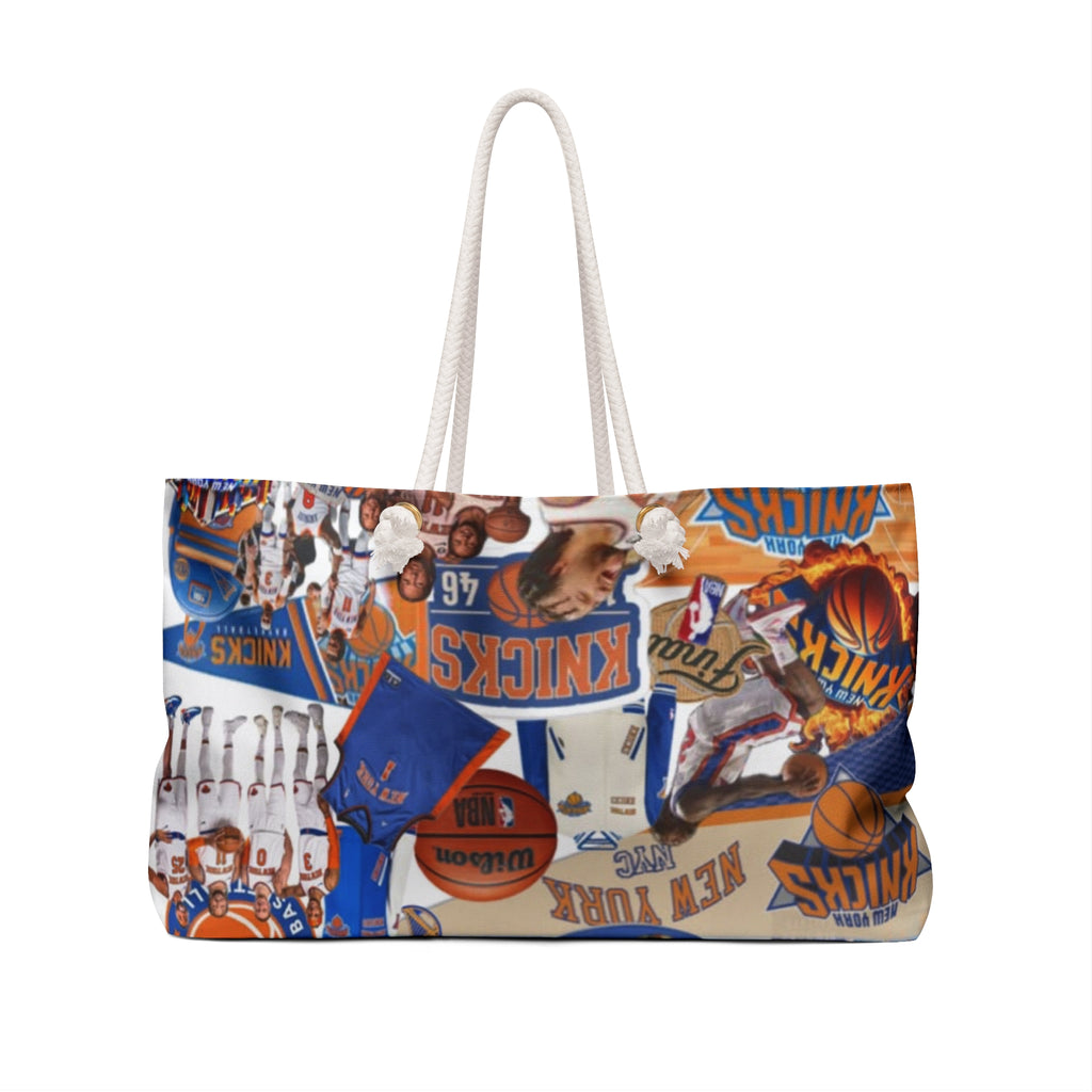 New York Knicks collage Weekender Bag | Basketball logo, players, court art