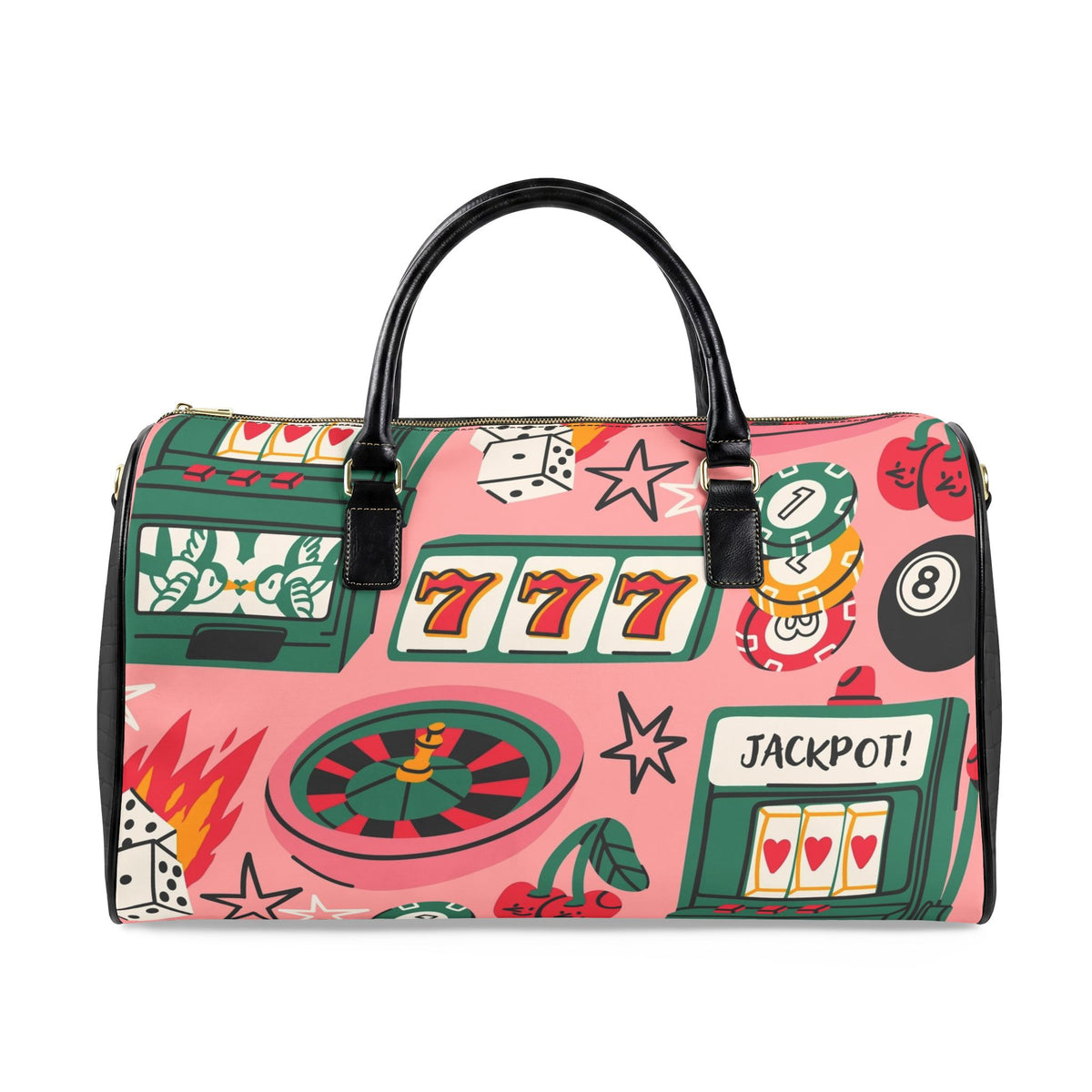 Retro Casino Pattern Faux Leather Travel Bag | Slot Machines Roulette Jackpot