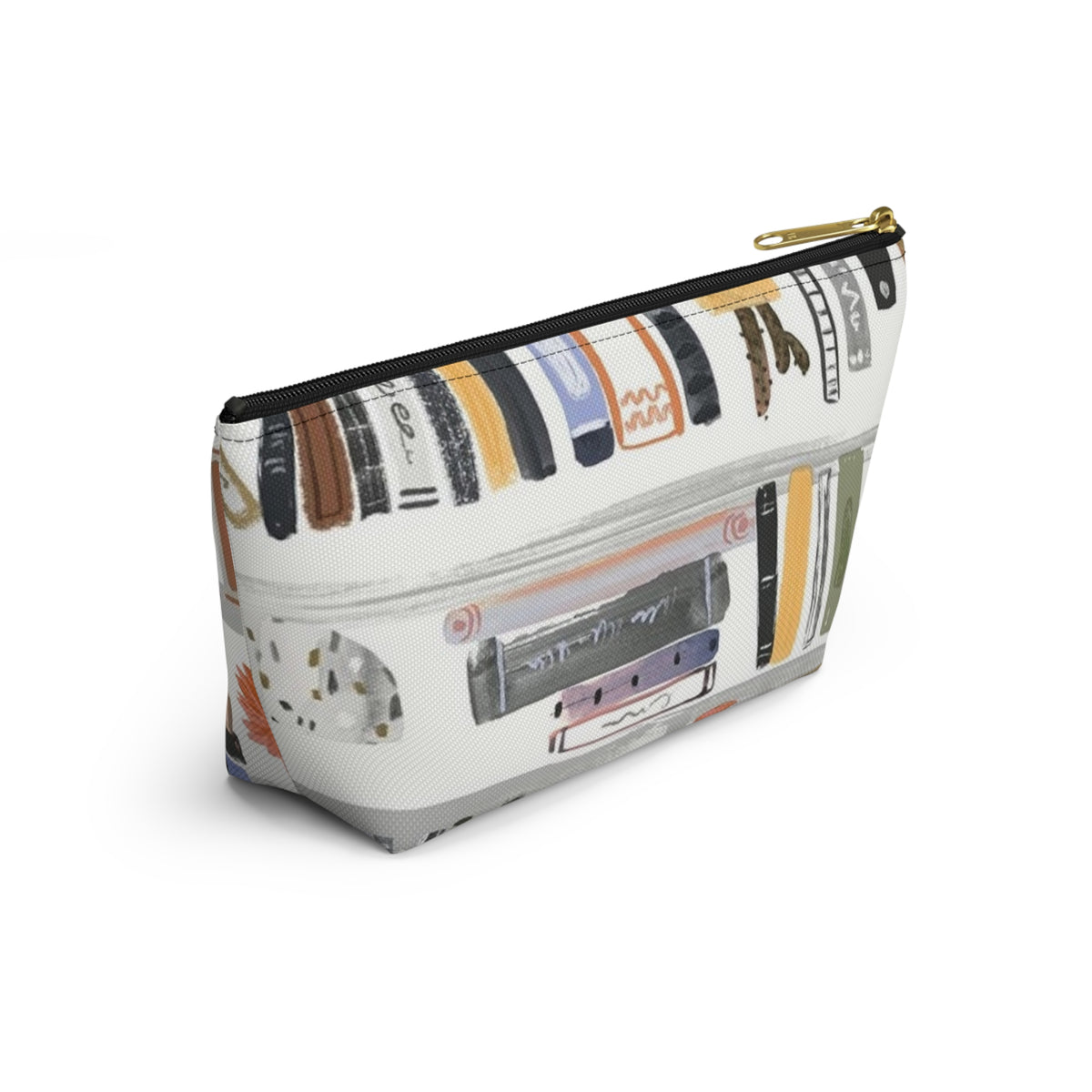 Bookish Accessory Pouch — Illustrated Bookshelf T-Bottom Cosmetic Bag