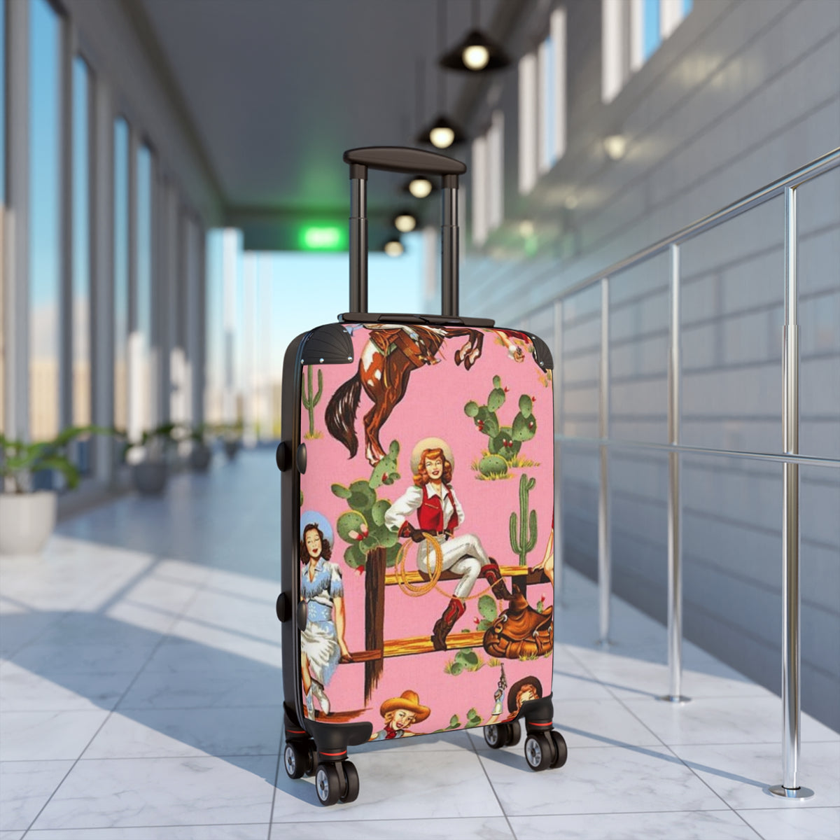 Cowgirl Pattern Suitcase | Pink Western Cactus Travel Luggage
