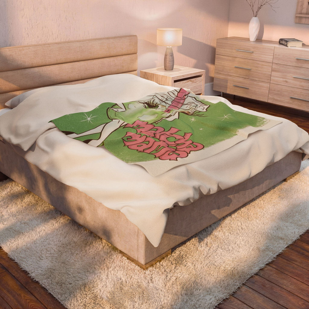 Matcha Mama Velveteen Plush Blanket — Cute Retro Matcha Drink Design