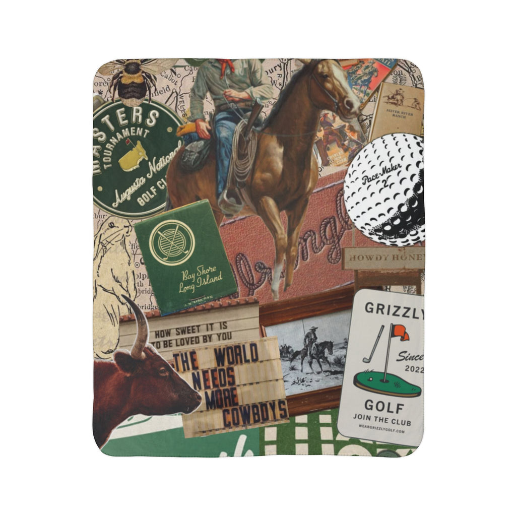 Western Collage Fleece Sherpa Blanket | Rodeo, Cowboy, Golf Ephemera