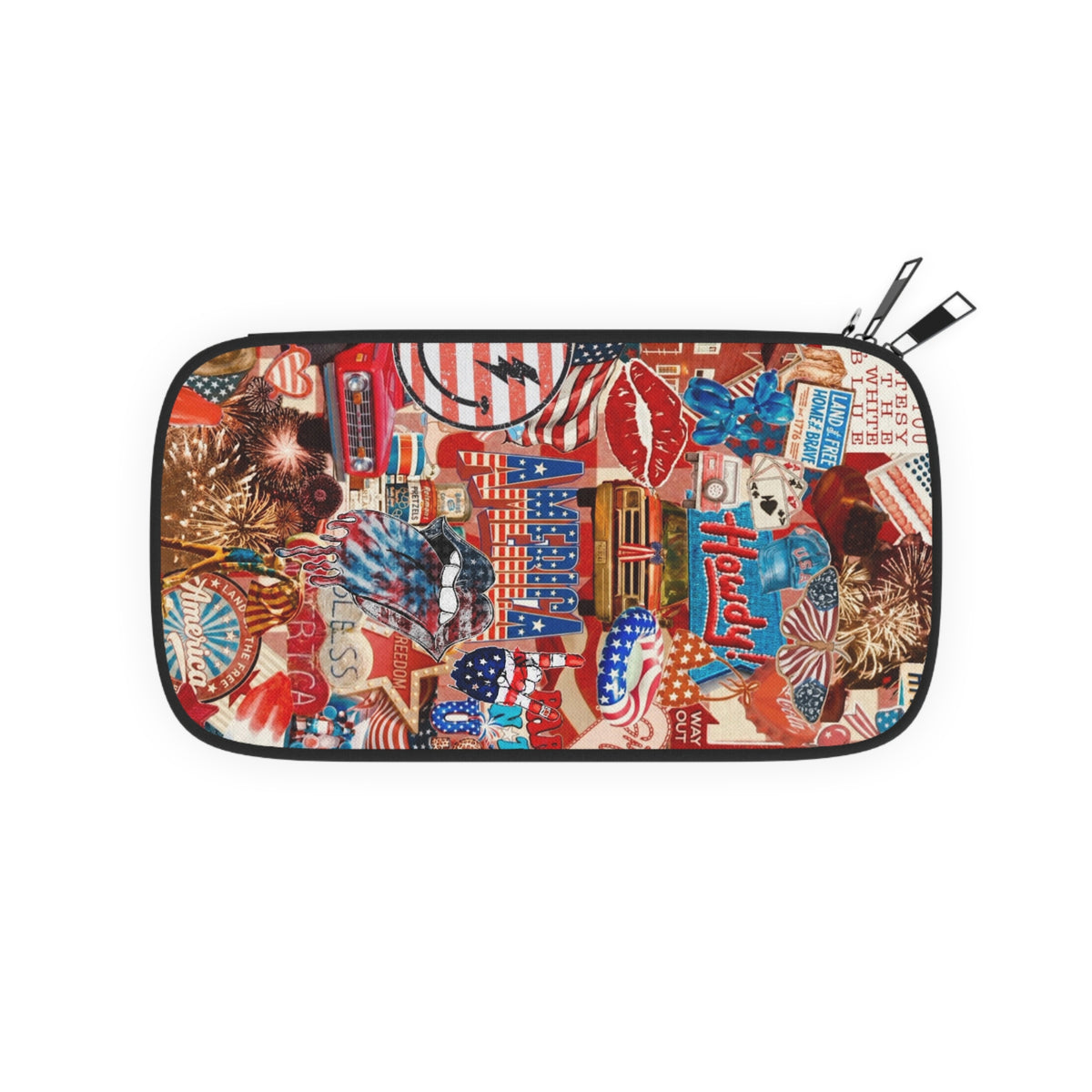Passport Wallet - Retro American Collage Travel Organizer (USA Flags, Fireworks, Vintage Cars)