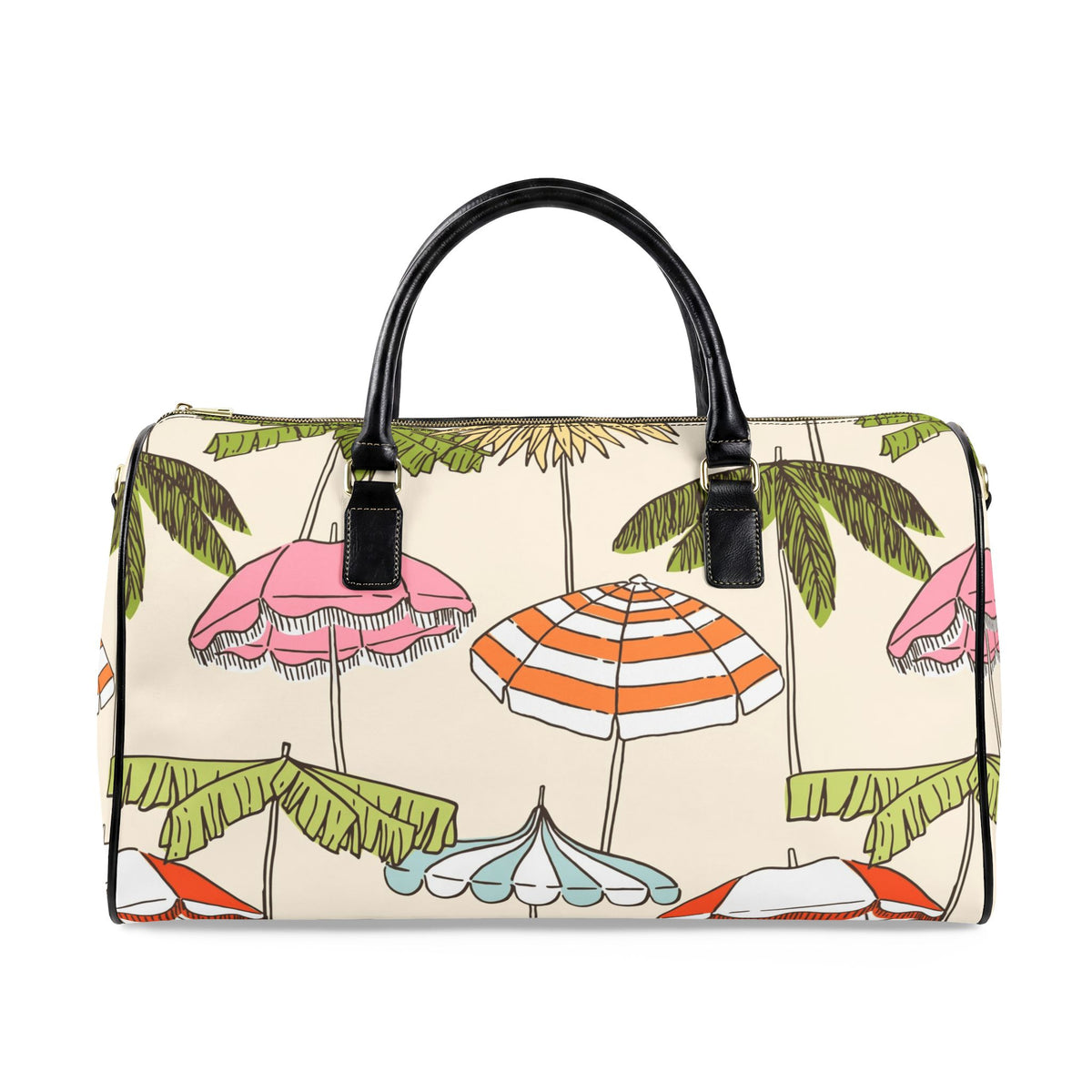 Beach Umbrella Pattern Faux Leather Travel Bag | Tropical Palm Print Duffle