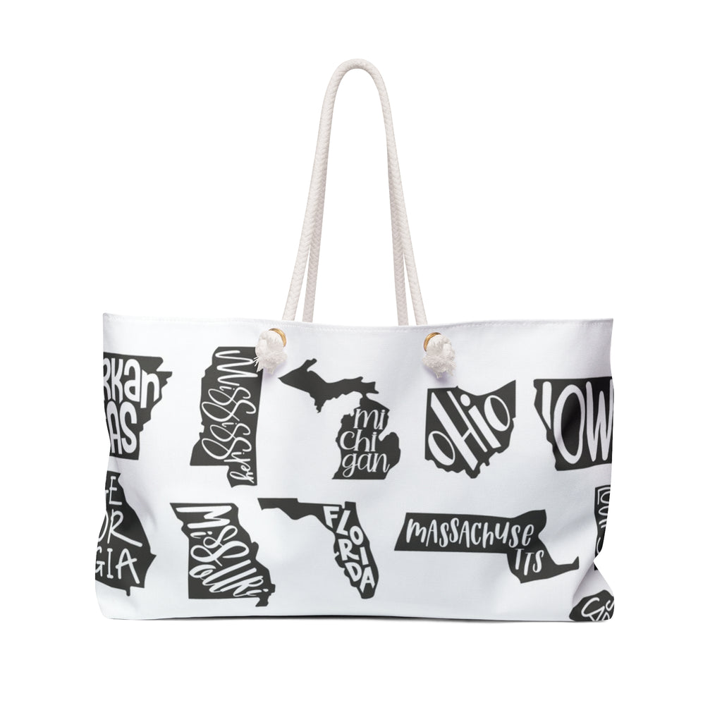 State Silhouette Weekender Bag — Monochrome Travel Tote with Hand-Lettered State Names