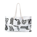 State Silhouette Weekender Bag — Monochrome Travel Tote with Hand-Lettered State Names