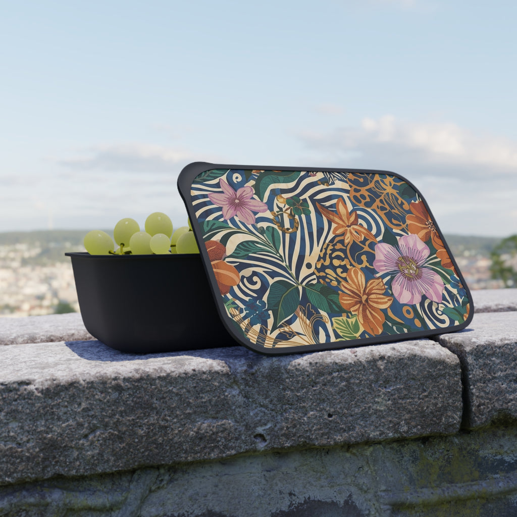 Tropical Floral Pattern Bento Box | PLA Lunch Container with Band & Utensils