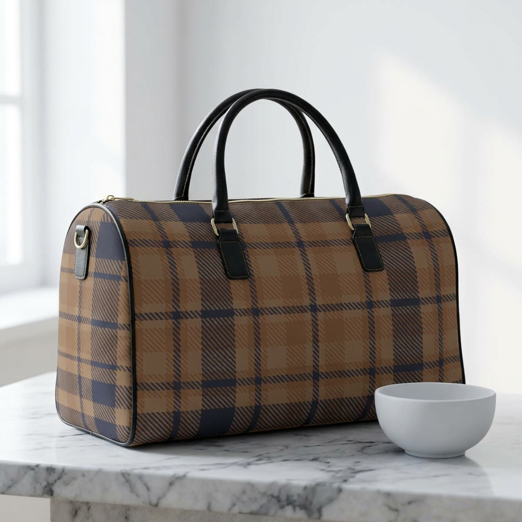 Brown Plaid Travel Bag | Faux Leather Weekender Bag