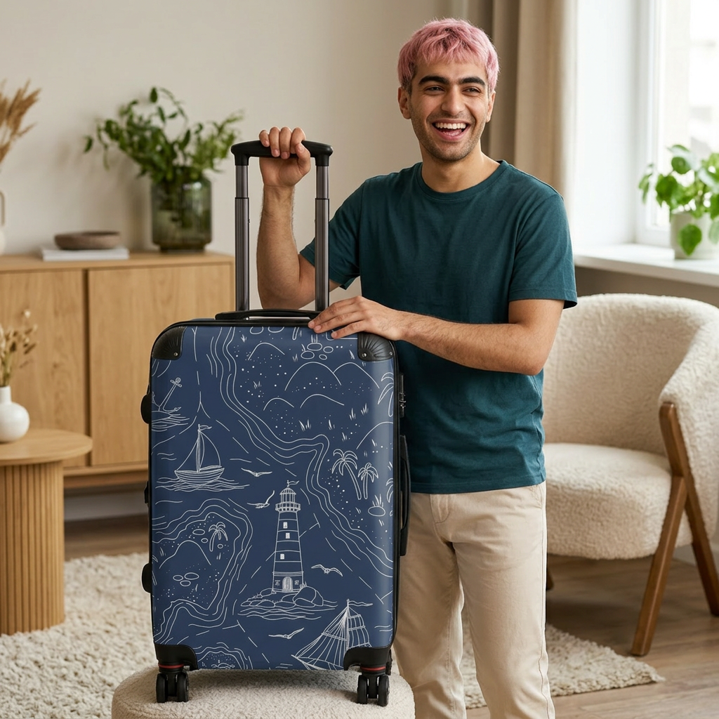 Nautical Lighthouse Map Suitcase | Coastal Sailboat Travel Luggage