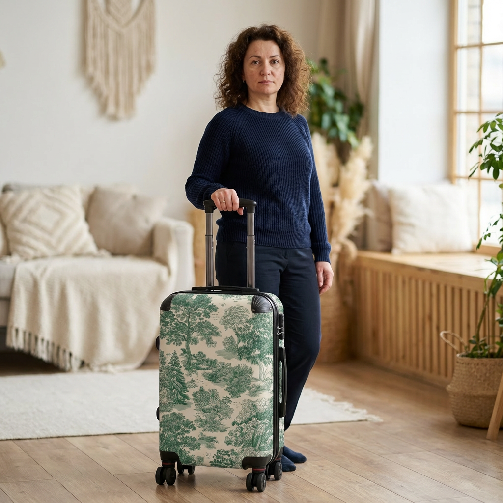 Green Toile Landscape Suitcase | Travel Luggage Cover, Scenic Tree Pattern