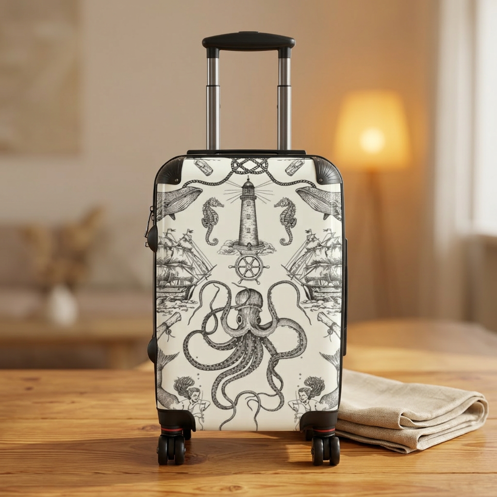 Vintage Nautical Octopus Suitcase | Lighthouse Ship Wheel Luggage