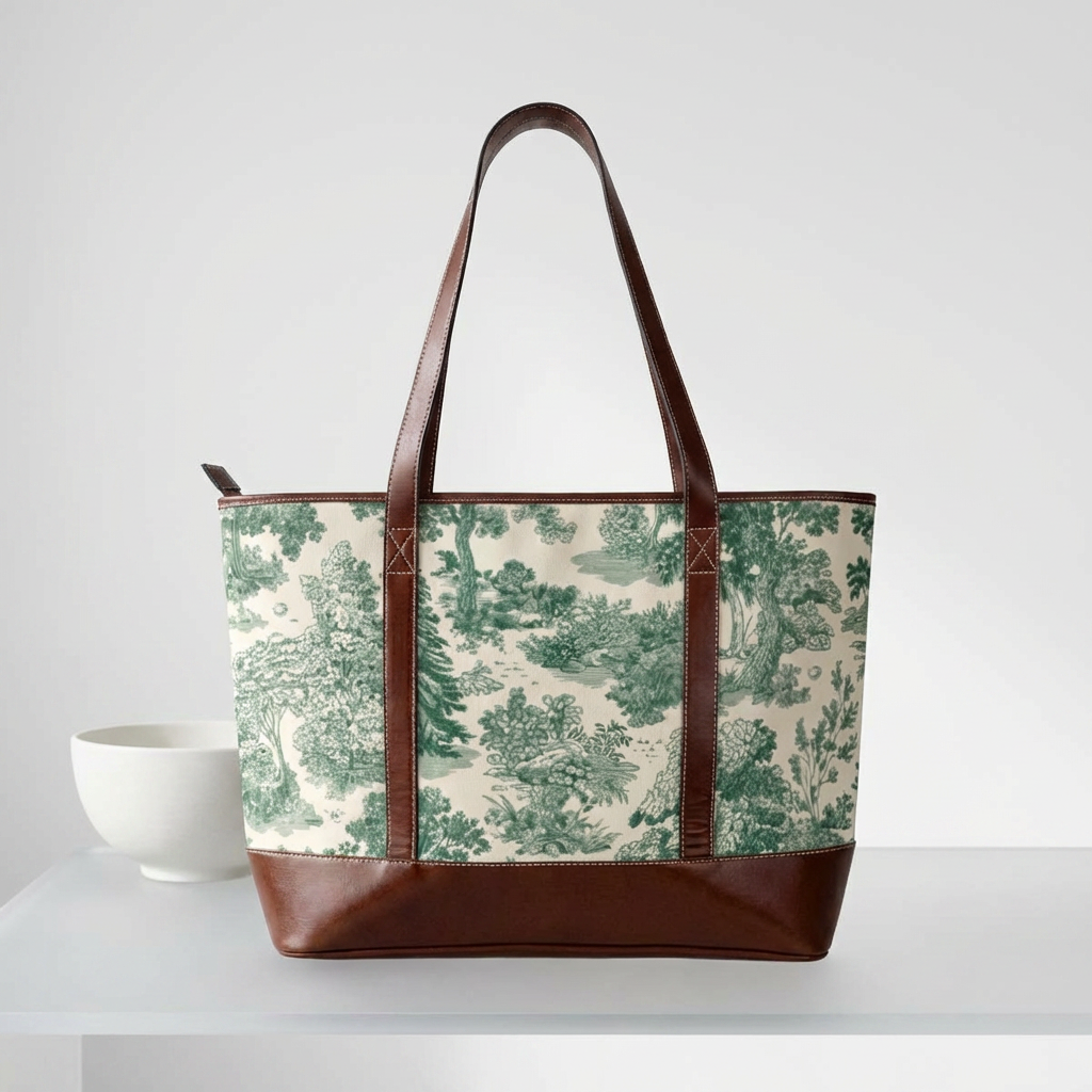 Green Toile Landscape Handbag | Vintage Scenic Print Tote
