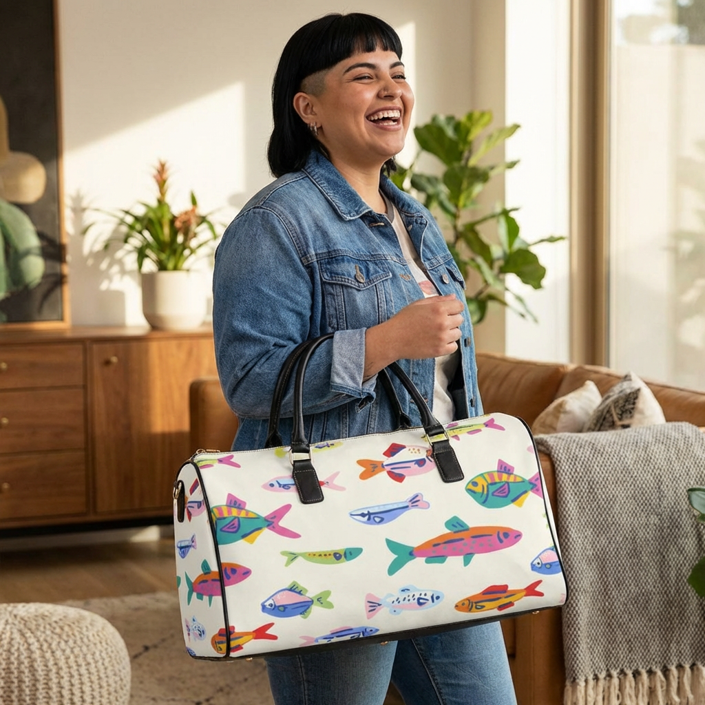 Colorful Fish Pattern Faux Leather Travel Bag | Beach Nautical Print