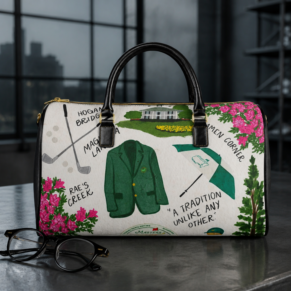 Masters Green Jacket Pattern Faux Leather Travel Bag | Golf Course Illustration