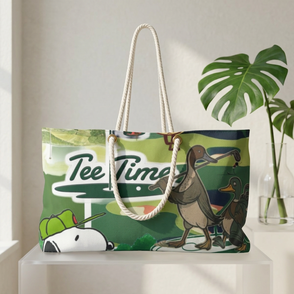 Tee Time Golf Illustration Weekender Bag | Cartoon Ducks & Golf Ball Print