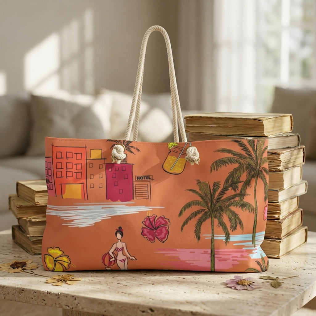 Vintage Tropical Beach Scene Weekender Bag | Palm Trees, Hibiscus, Retro Swim