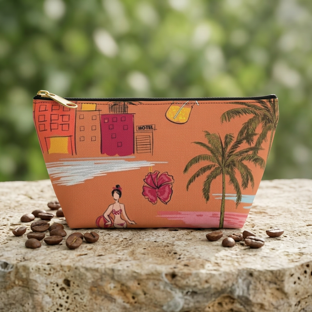 Tropical Beach Pattern Accessory Pouch | T-bottom zipper pouch