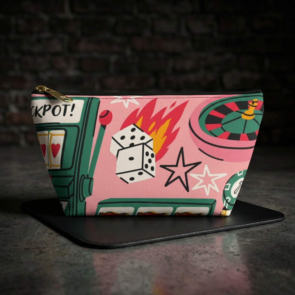 Retro Casino Pattern Accessory Pouch T Bottom Makeup Bag | Slot Dice Roulette Chips