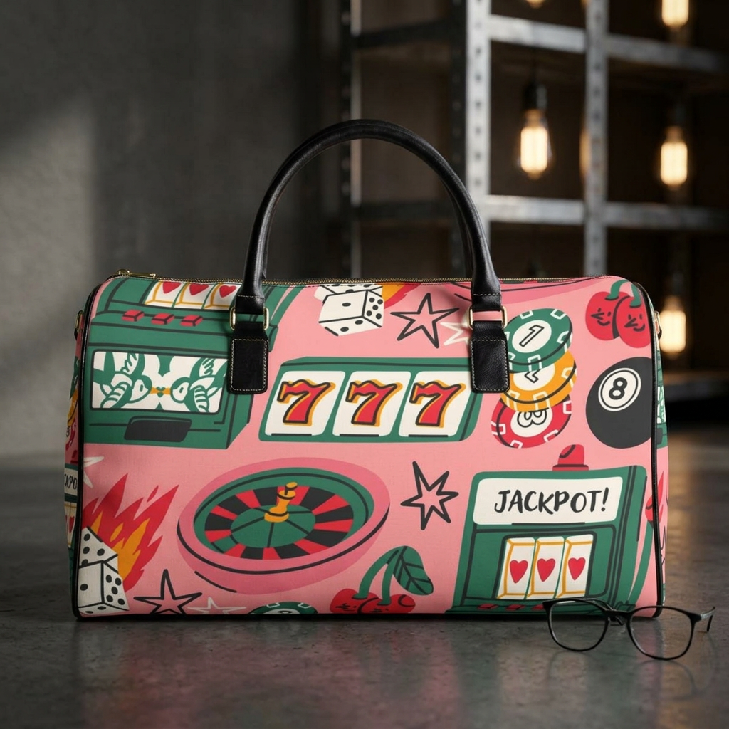 Retro Casino Pattern Faux Leather Travel Bag | Slot Machines Roulette Jackpot