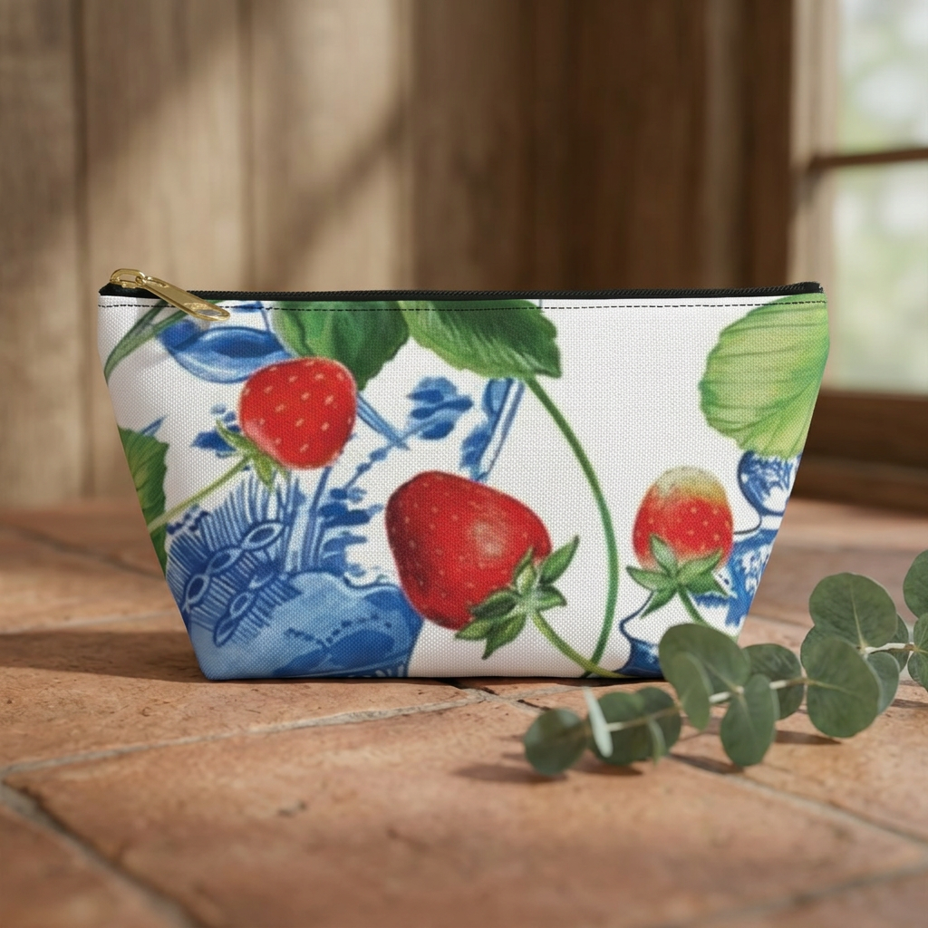Strawberry Vintage Blue Porcelain Accessory Pouch
