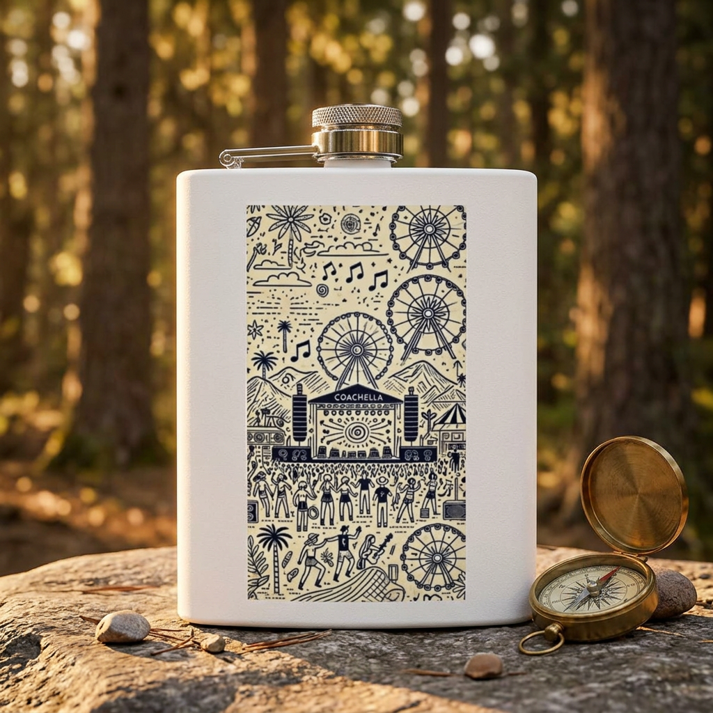 Music Festival Illustration Flask | Concert Ferris Wheel Scene, 6oz Stainless Steel