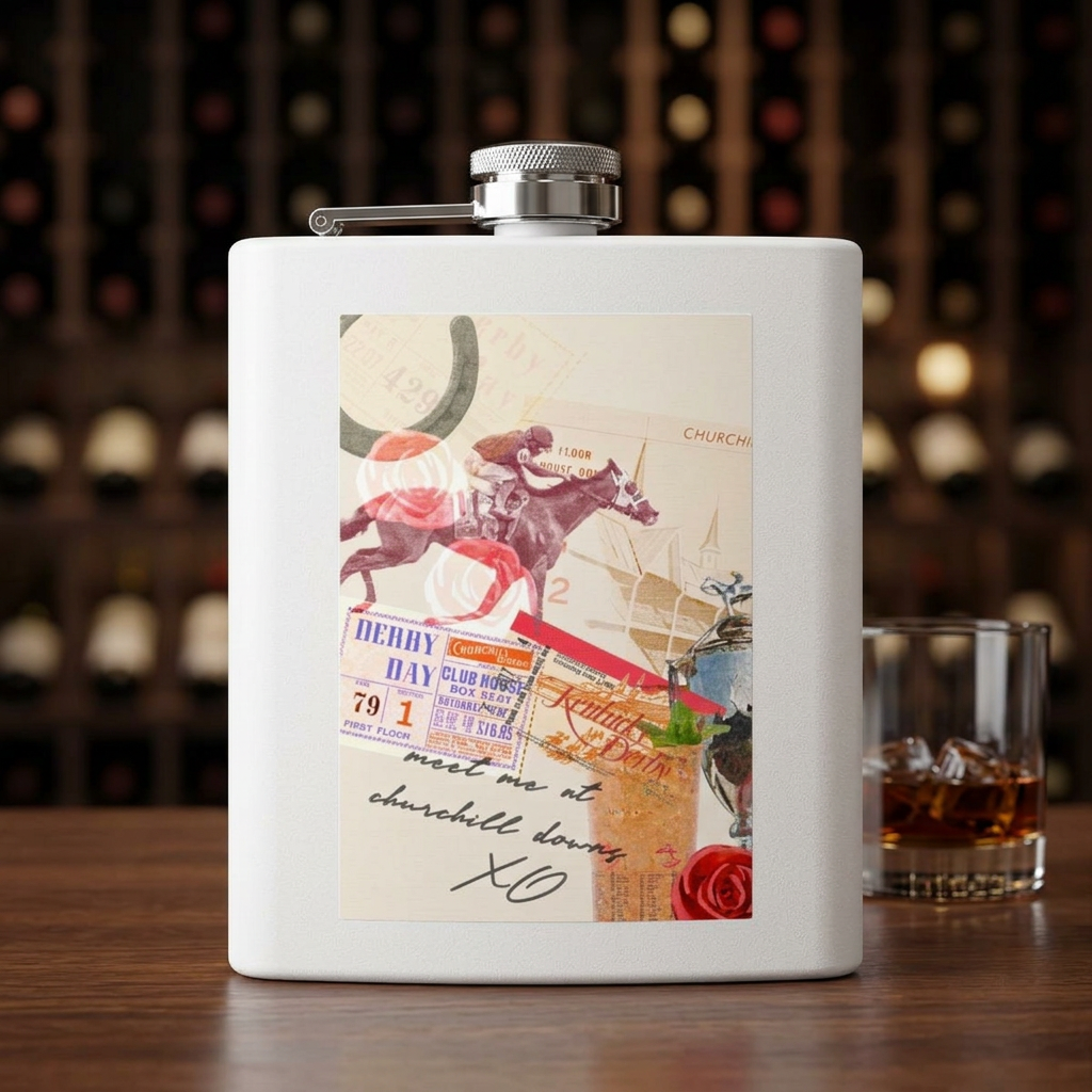 Vintage Horse Racing Collage Flask | Stainless Steel 6oz