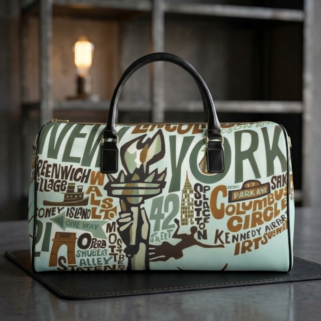 New York City typography duffel bag | Faux Leather Travel Bag