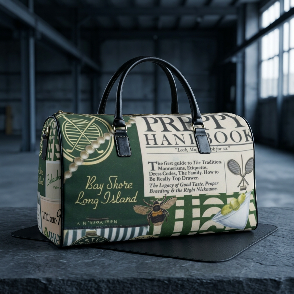 Preppy Handbook Print Faux Leather Travel Bag | Bay Shore Long Island Design