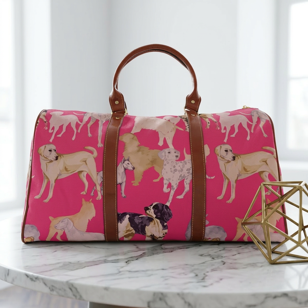 Pink Dog Pattern Waterproof Travel Bag | Duffle with Labrador, Dalmatian, Pug Print