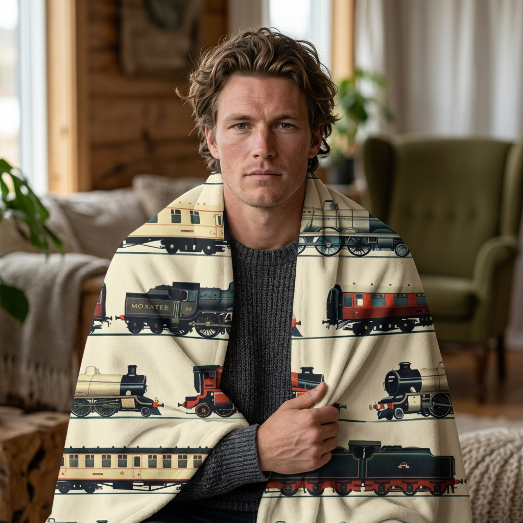 Vintage Steam Train Pattern Sherpa Blanket | Retro Locomotive Throw