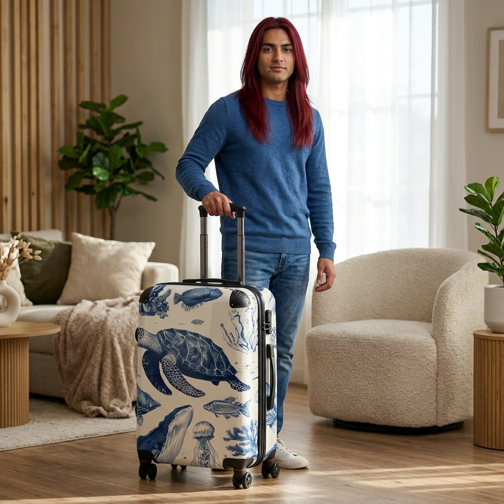 Blue Ocean Sea Life print Suitcase | Turtle Whale Jellyfish Luggage
