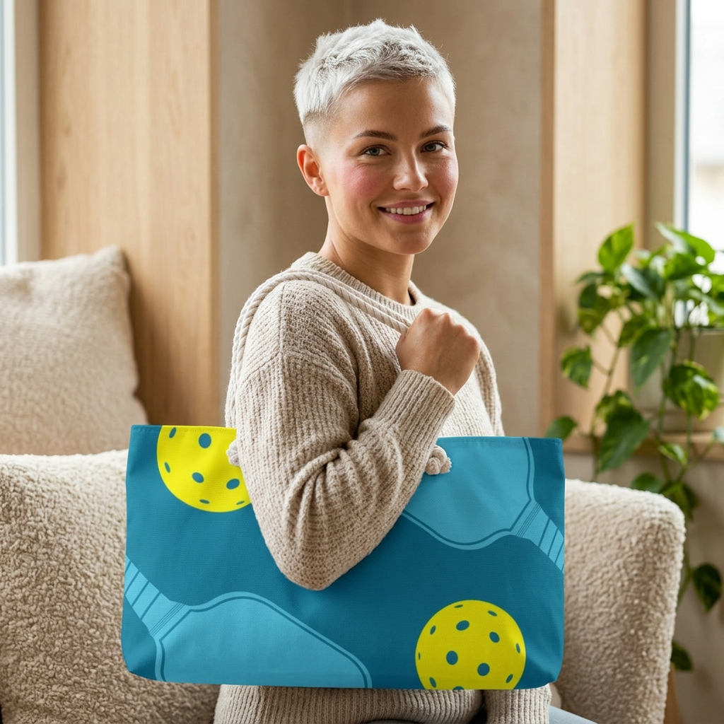 Pickleball Pattern Weekender Bag | Blue Teal Tote with Yellow Paddle Balls