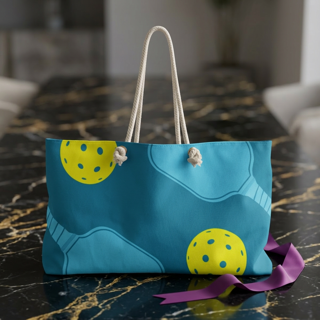 Pickleball Pattern Weekender Bag | Blue Teal Tote with Yellow Paddle Balls