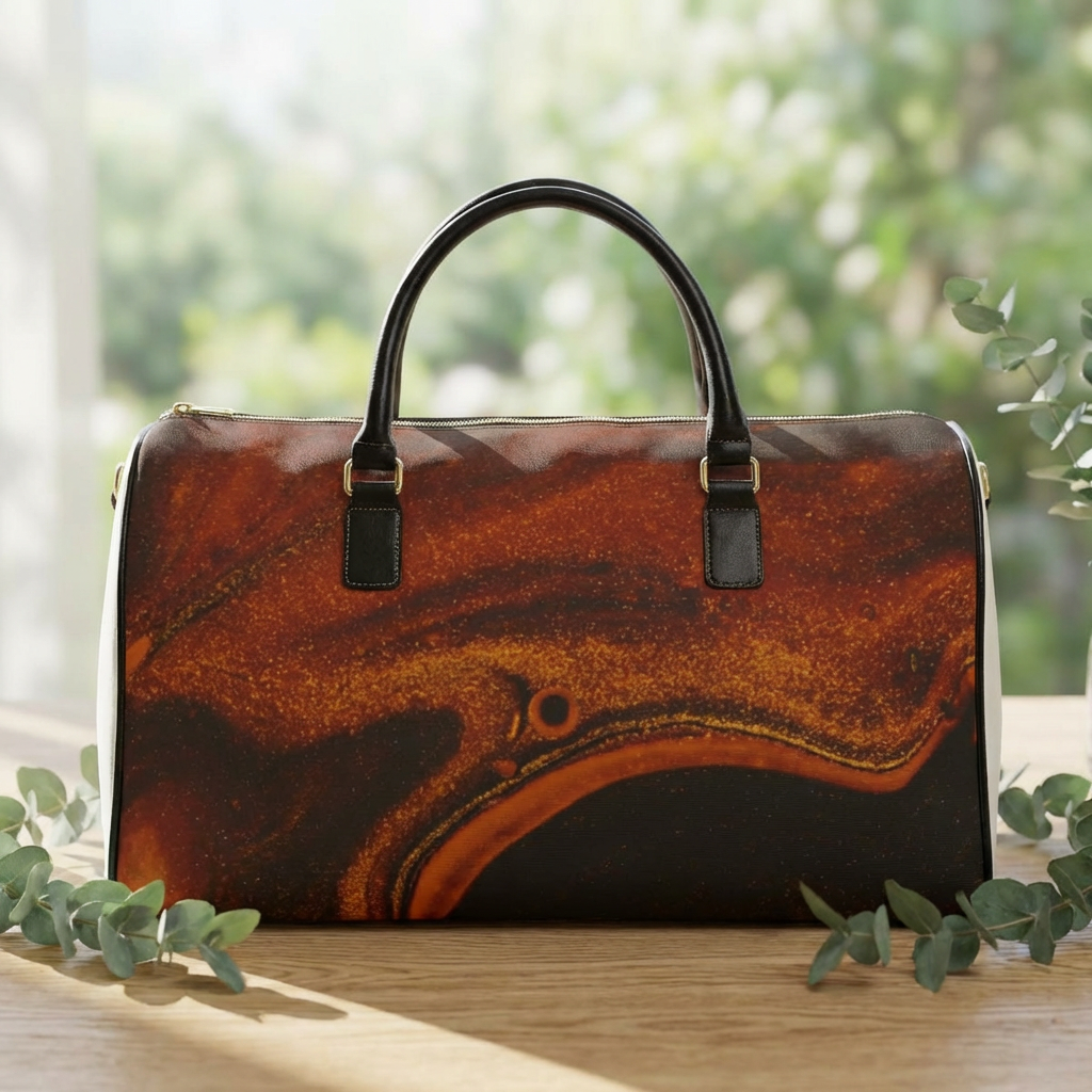 Copper Swirl Marble Faux Leather Travel Bag | Metallic Amber Abstract Duffle