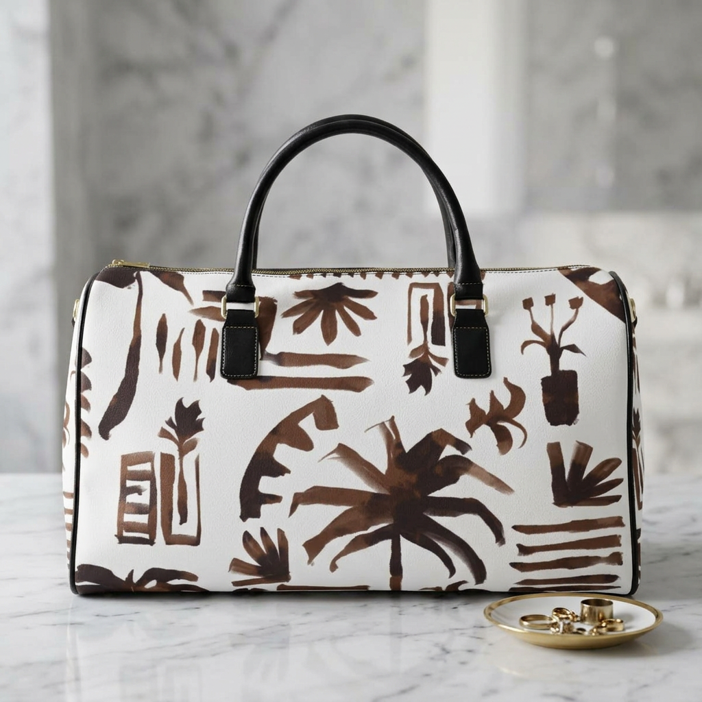 Abstract Palm Print Faux Leather Travel Bag | Brown Brushstroke Duffle