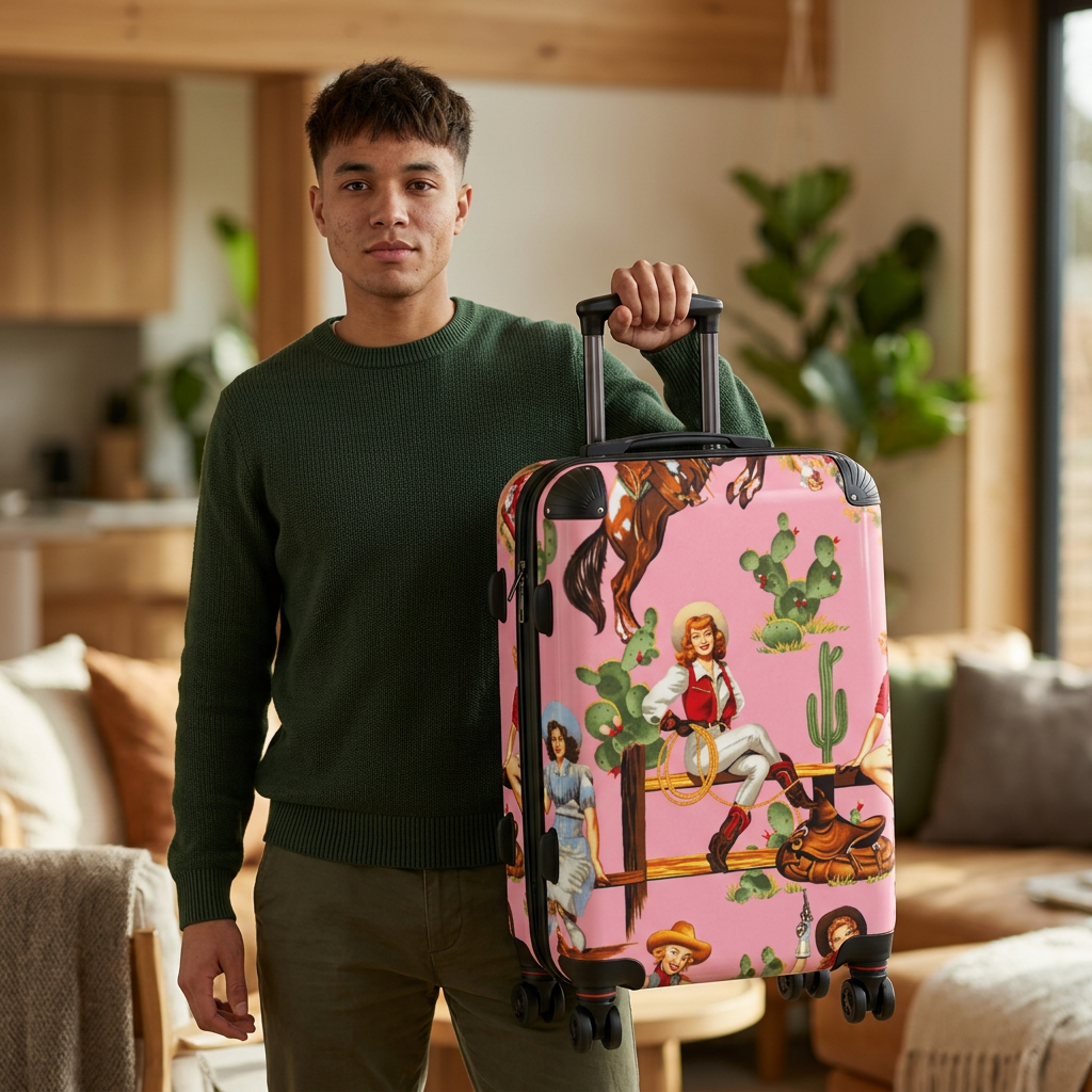 Cowgirl Pattern Suitcase | Pink Western Cactus Travel Luggage