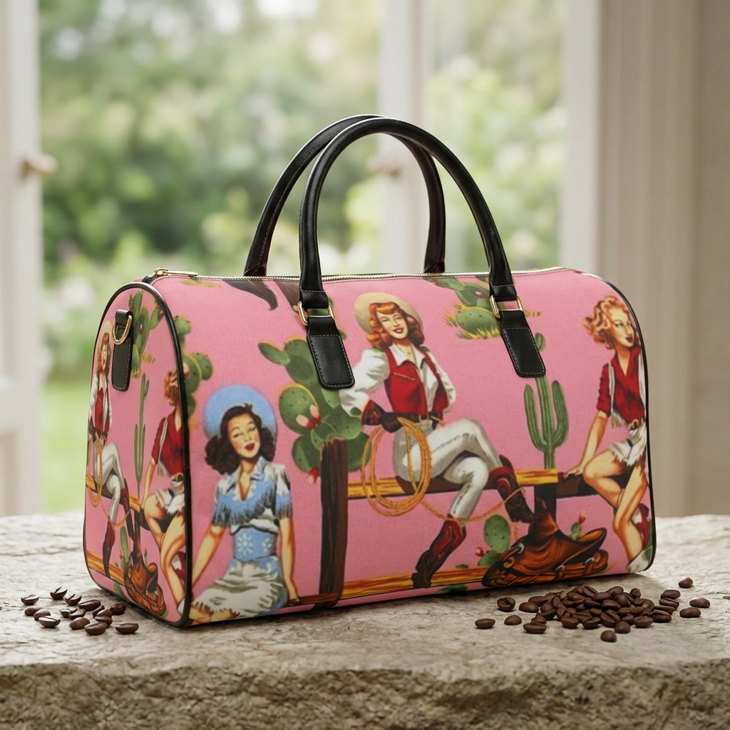 Vintage Cowgirl Pinup Travel Bag | Faux Leather Weekender Duffle